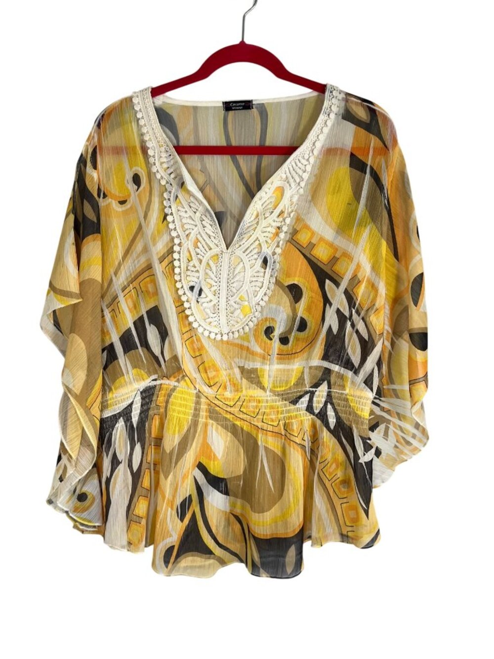 Colorful Sheer Floral Peplum Top Yellow 2X Resort Preppy Tropical Festival Chic